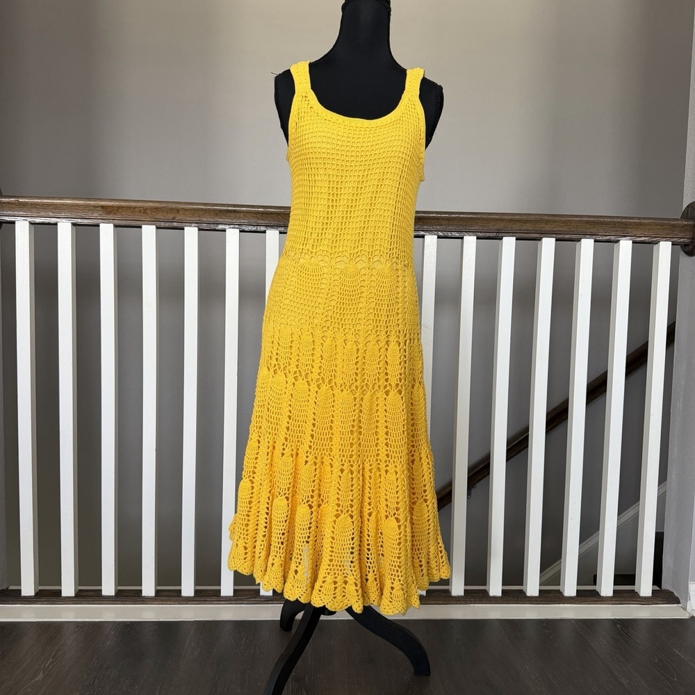 Vintage Y2K Yellow Midnight Velvet Boho Crochet Dress S Hippie Coquette Romantic